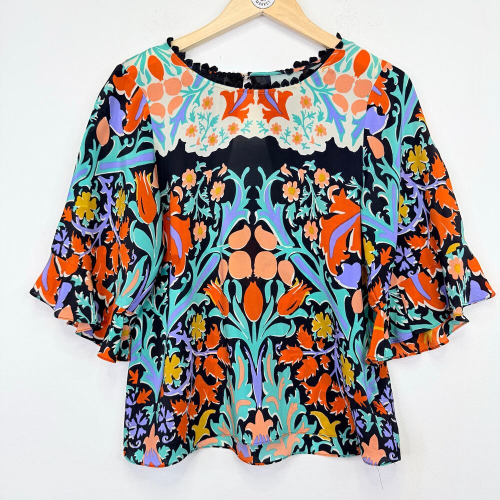 MAEVE Anthropologie Silk Folkart Blouse 4 Kimono Sleeve Floral Mixed Print Boho